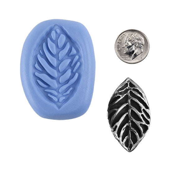 Ready Mold - Carved Leaf  Blue Ready Mold, Silver Sample with Dime