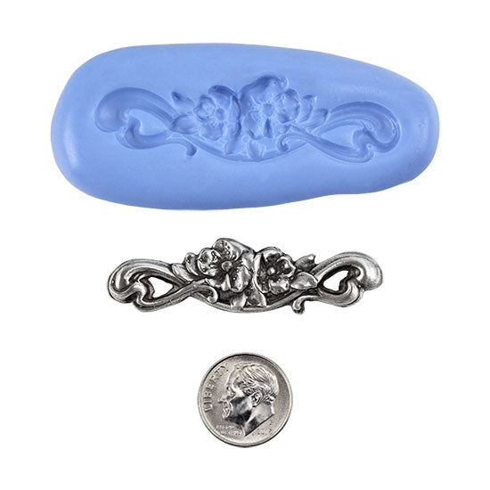 Ready Mold - Flowers & Swirls  Blue Ready Mold, Silver Sample with Dime