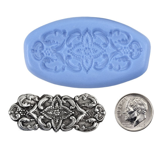 Ready Mold - Victorian Brooch  Blue Ready Mold, Silver Sample with Dime