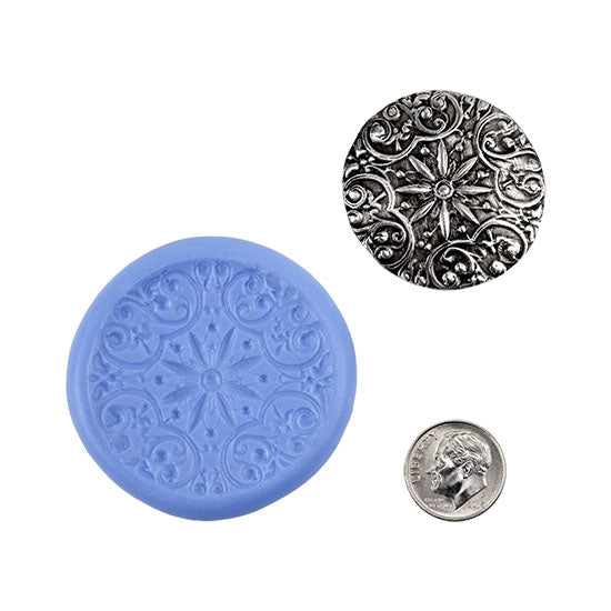 Ready Mold - Flower Mandala  Blue Ready Mold, Silver Sample with Dime