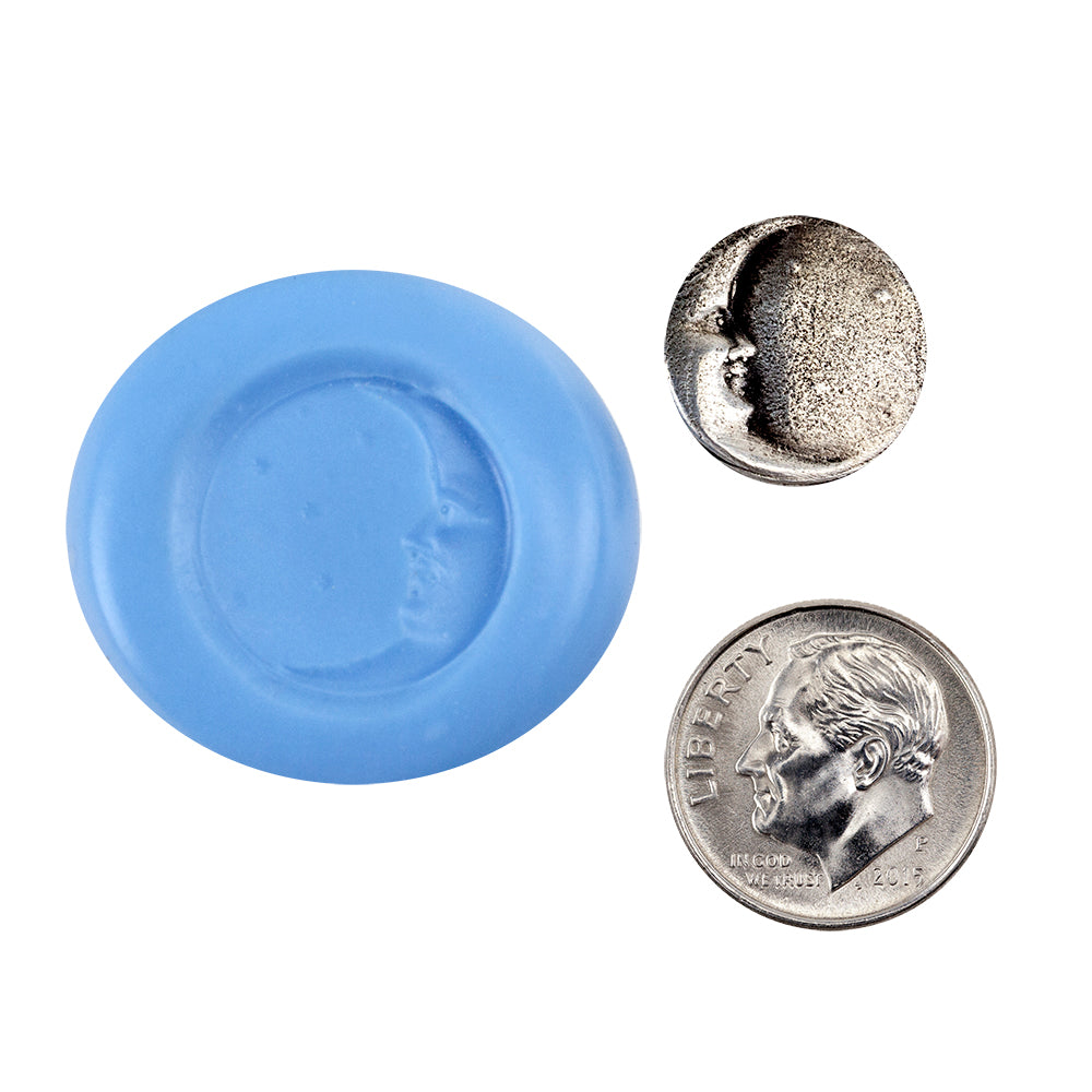 Ready Mold - Crescent Moon Face  Blue Ready Mold, Silver Sample with Dime