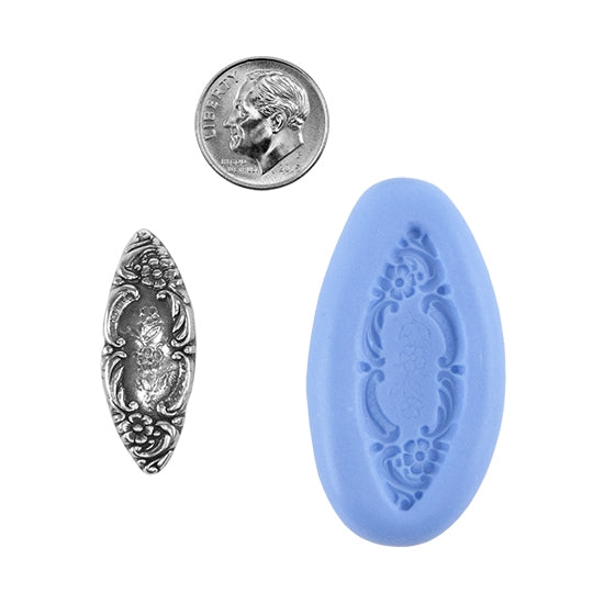 Ready Mold - Floral Marquise  Blue Ready Mold, Silver Sample with Dime