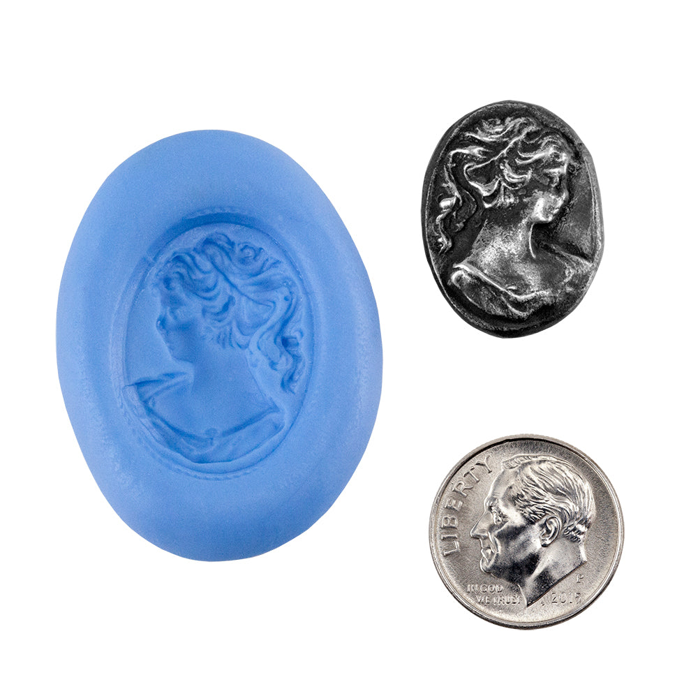 Ready Mold - Elegant Cameo - Large  Blue Ready Mold, Silver Sample with Dime