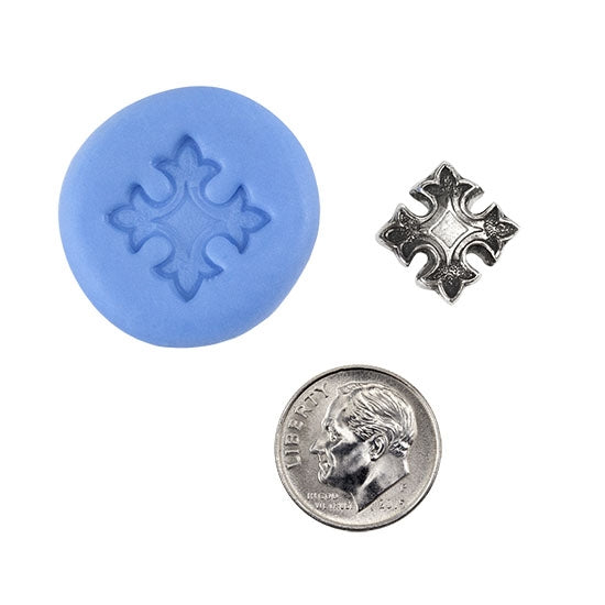 Ready Mold - Medieval Cross  Blue Ready Mold, Silver Sample with Dime