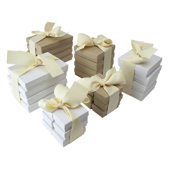 Jewelry Boxes  Package and protect your finest jewelry with your choice of white swirl or kraft boxes. All boxes include a white cotton, non-tarnishing, polyester fiber to help keep your favorite jewelry safe. Great for storage or gift giving. Available in multiple sizes.