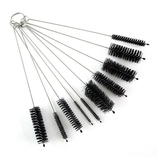 Nylon Tube Brushes - Set of 10 10-Piece Set of Nylon Small-Diameter Brushes for gentle polishing and cleaning of your delicate finished metal pieces. Get into hard to reach areas of all sizes. These brushes are 8" long. Includes 10 sizes from 2.5mm to 25mm thick. 