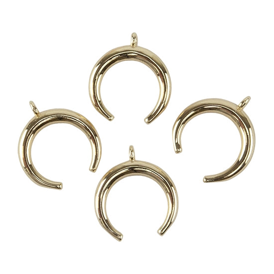 4 Brass Pendants - Crescent Moon/Double Horn - 18K Gold Plated