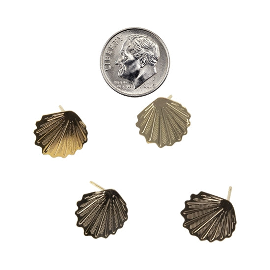 4 Brass Stud Earring Finding - Scallop Shell, Loop - 18k Gold Plated with dime