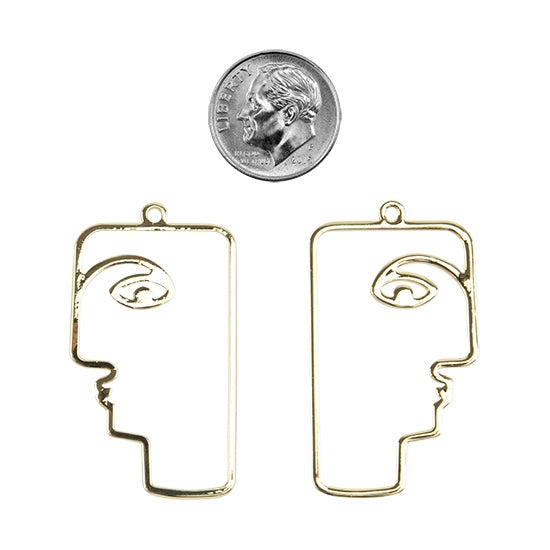 2 Brass Pendants - Face - 18k Gold Plated with dime