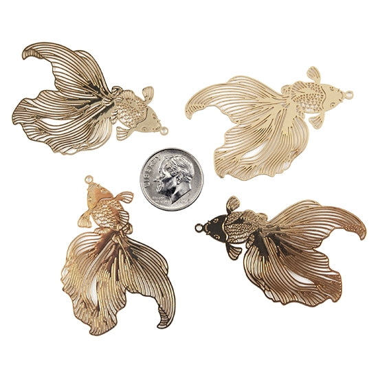 4 Brass Pendants - Goldfish with dime