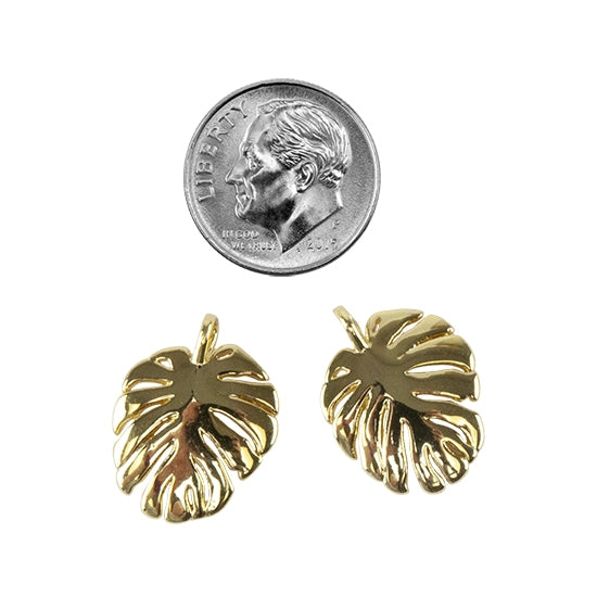 2 Brass Pendants - Monstera Leaf - 18k Gold Plated with dime