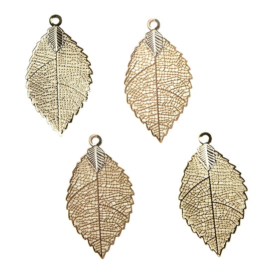 4 Brass Pendants - Delicate Leaf - 18k Gold Plated