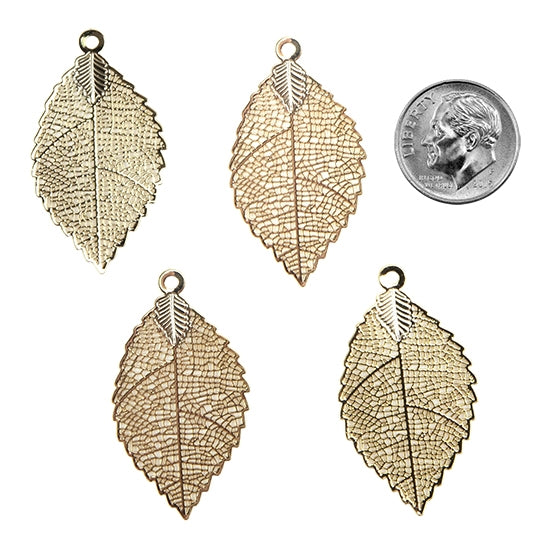 4 Brass Pendants - Delicate Leaf - 18k Gold Plated with dime