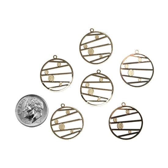 6 Brass Pendants - Round Planet with dime