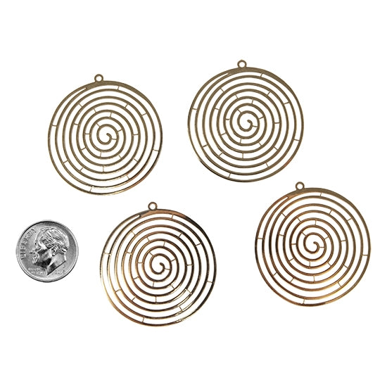 4 Brass Pendants - Swirled with dime