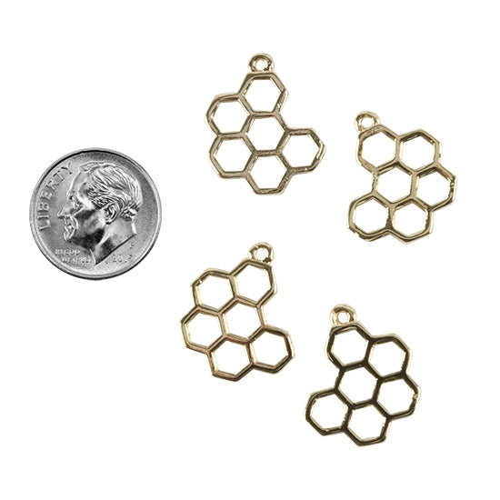 4 Brass Pendants - Honeycomb 18k Gold Plated with dime