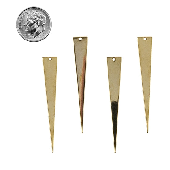 4 Brass Pendants - Long Triangle 18k Gold Plated with dime