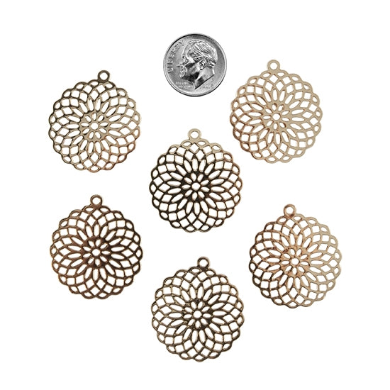 6 Brass Pendants - Spirograph Round with dime