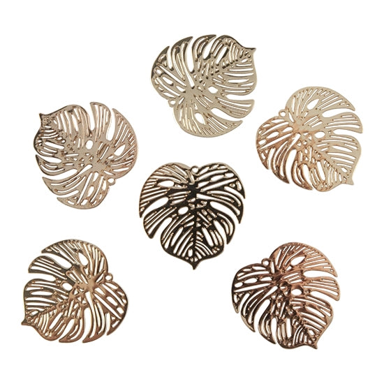 6 Brass Pendants - Etched Monstera Leaf Gold Plated 