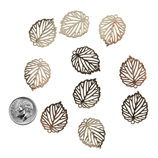 10 Brass Pendants - Etched Leaf Gold Plated with dime