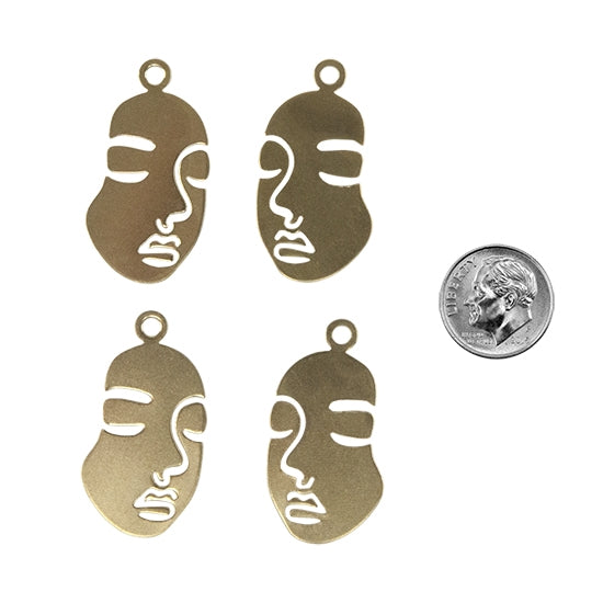 4 Brass Pendants - Face with dime