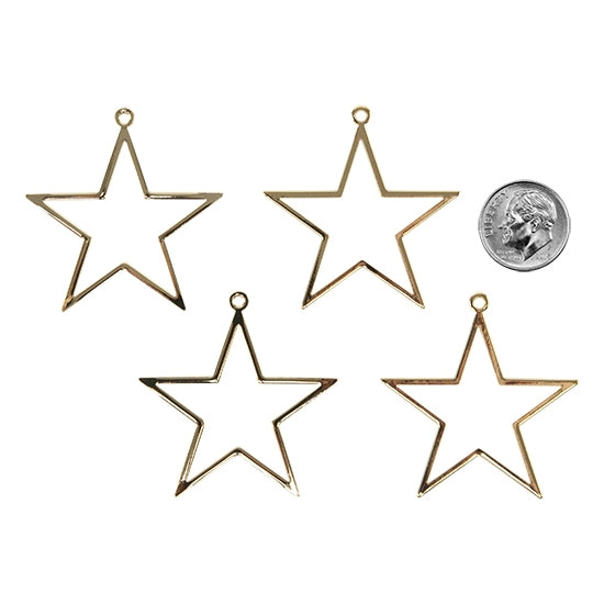 4 Brass Pendants - Star 18k Gold Plated with dime