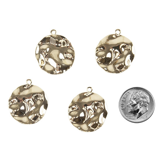 4 Brass Pendants - Wavy Round 18k Gold Plated with dime