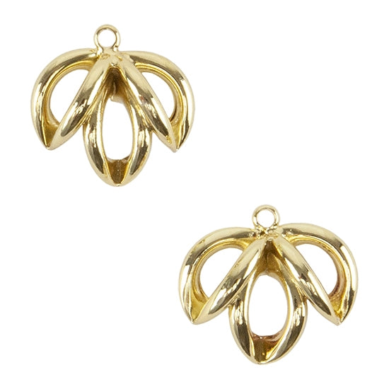 2 Brass Pendants - 3D Leaf - 18k Gold Plated