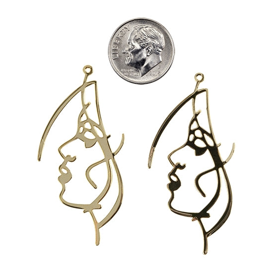 2 Brass Pendants - Woman - 18k Gold Plated with dime