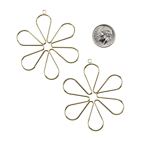 2 Brass Pendants - Flower - 18k Gold Plated with dime