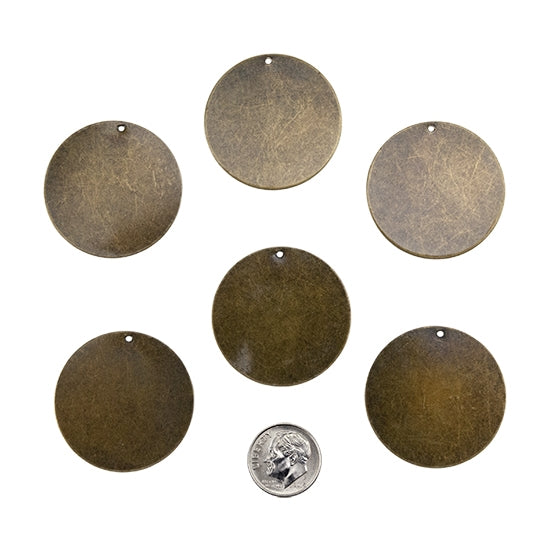 6 Brass Round Stamping Blank Pendant - Antique Bronze with dime