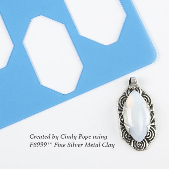 Cindy Pope Template - Rounded Hex Tag sample in fs999 fine silver metal clay