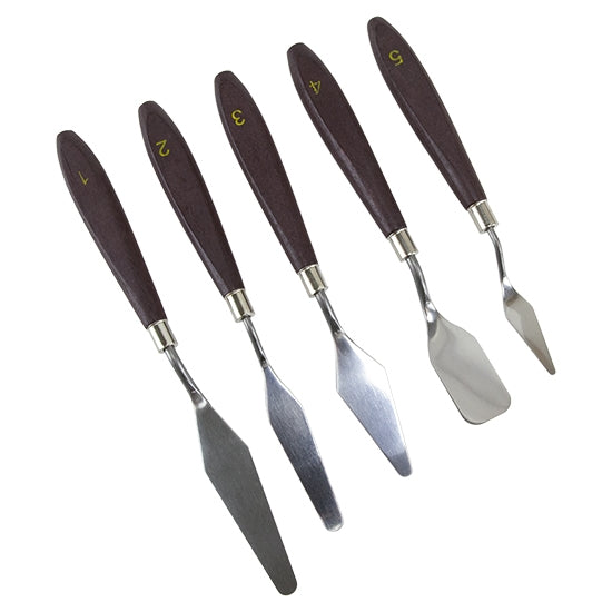 Stainless Steel Palette Scrapers Spatula Knives - Set of 5 These stainless steel scrapers come in handy when mixing clays, paints, micas, resin, or any other medium that you may want to use. Includes 5 pieces with wooden handles that keep hands away. Made of stainless steel with just the right elasticity that does not easily rust. 