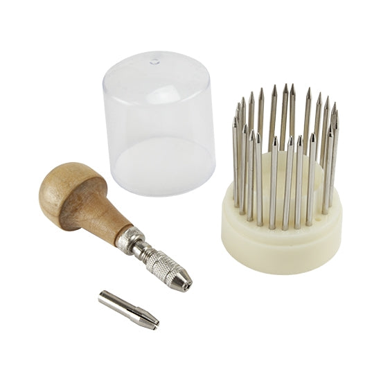 Gemstone Setting and Beading Tool with wood handle. Handy covered, plastic container holds all 23 included needles and keeps pieces from getting lost.