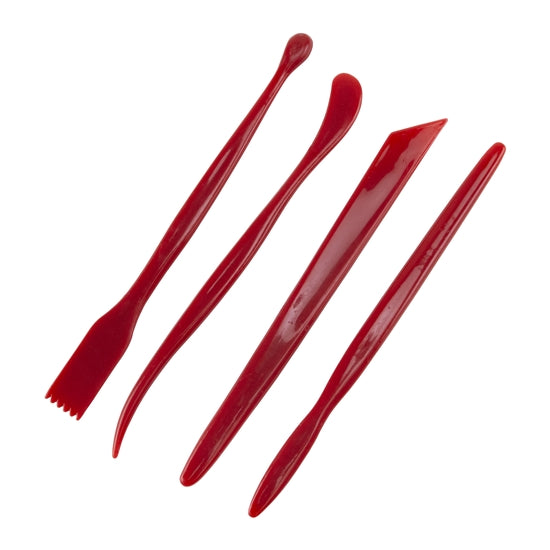 red plastic Doubled Ended Clay Carving Set - 4 Piece Set of 4 double ended carving tools. They are comfortable to hold and cut through metal clay like butter. Economy set of carving tools.  Each tool is 6-3/4" long. 