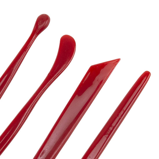 red plastic Doubled Ended Clay Carving Set - 4 Piece Set of 4 double ended carving tools. They are comfortable to hold and cut through metal clay like butter. Economy set of carving tools.  Each tool is 6-3/4" long. 