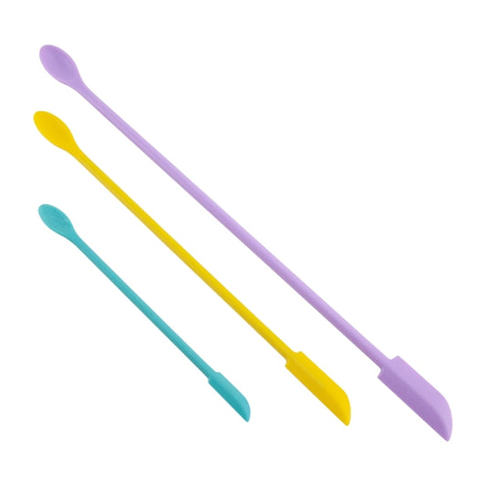 Doubled Ended Spatula and Mixing Spoons - 3 Piece Set of 3 double ended silicone spatula and mixing spoons. Flexible silicone allows you to mix and scrape with little waste of your product. Perfect to get out that last bit of product out of the jar!  teal 6",  yellow 9-1/4", and lavender 12" lengths