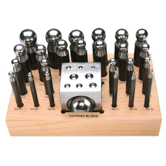 Dapping Set - Deluxe - 24 Piece with Block This deluxe dapping set includes 24 hardened steel punches, 2" dapping block and a wooden stand.