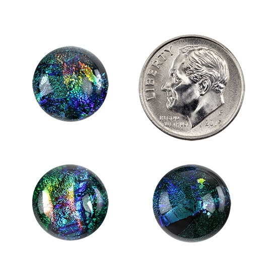 3 Dichroic Cabochons - Green Medium - 12mm to 16mm  with dime