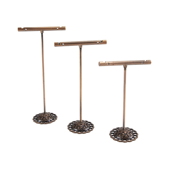 T Bar Earring Display - Copper Color - Set/3 Display and photograph your earrings and other items like a professional. These sturdy iron displays come in a set of 3 different sizes to display your earrings: 3-3/4", 4-1/2" and 5.