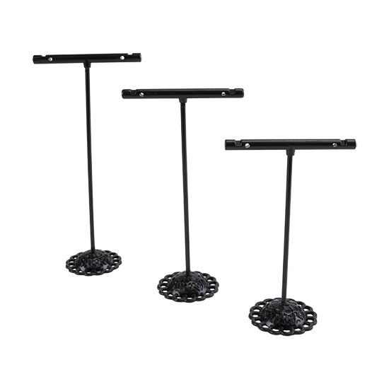 T Bar Earring Display - Black Color - Set/3 Display and photograph your earrings and other items like a professional. These sturdy iron displays come in a set of 3 different sizes to display your earrings: 3-3/4", 4-1/2" and 5".