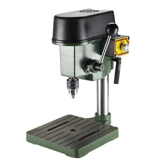 Drill PrMini Bench Drill Press This small bench drill is multi-speed and perfect for the studio jeweler. Drill with ease and accuracy.  Specs:  110V 100 watts 60 hz 1.1 amp drilling stroke: 1" (depth) maximum distance between main axle end to worktable: 8" weight: 5kg Drilling capability: Steel: 1/8" thick non-metals: 1/4" thick Speed options: 8500RPM, 6500RPM, 5000RPM