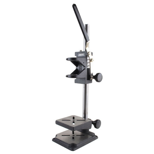 Foredom® Drill Press  is a rugged and precise stand which converts your Foredom flexible shaft power tool into a drill press by securely holding a handpiece in a vertical position for drilling straight, accurate holes to specified depths. The sturdy, all metal stand is fully adjustable, has a 2″ throat capacity, and a stroke length up to 1-1/4″. The work table moves up and down on the post or can swing away for drilling large pieces