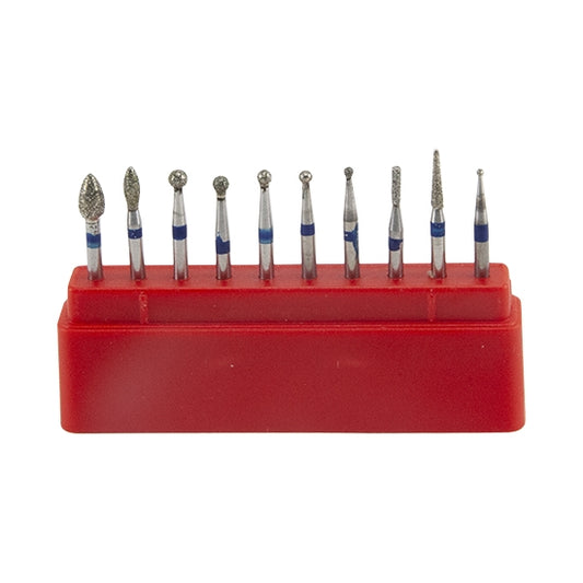 Micro Diamond Burs - Set/10 in Stand Set of 10 Micro Diamond Burs in handy stand so they don't get lost. This set includes the following Standard Grit 2 Pieces: BR-30, BR-31, BR-40, BR-41, BR-45, BR-49, FO-25, FO-32, SF-21, and TC-26.