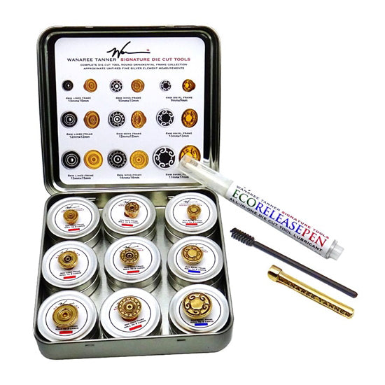 This complete die cut tool set is packaged with the entire Contemporary Round Frames Collection of tool heads, a handle, velvet handle bag, 2.8ml ECO-RELEASE Pen, applicator brushes, and a stainless steel box featuring rolling card reference guides. Tool heads included in this collection: 4mm Nova Frame, 6mm Nova Frame, 8mm Nova Frame, 4mm Swirl Frame, 6mm Swirl Frame, 8mm Swirl Frame, 4mm Lined Frame, 6mm Lined Frame, and 8mm Lined Frame.