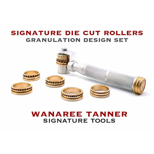 Wanaree Tanner Die Cut Rollers Set - Granulation Design Set This complete die cut roller set is packaged with the entire collection of the "Granulation Strip Die Cut Rollers" including 2.0mm Granulation, 2.5mm Granulation, 3.0mm Granulation, 3.5 Granulation, 4.0 Granulation and 5.0 Granulation rollers. Also included is a Die Cut Roller Handle, 2.8ml Eco-Release Pen, an applicator brush and a Calibrated Cutters in a metal storage container featuring rolling card and reference guides.