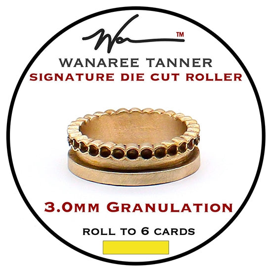 Wanaree Tanner Die Cut Roller Head - 3.0mm Granulation Strip This Heirloom quality Die Cut Tool head is fashioned in sturdy, luminous bronze. Made to work with the Die Cut Roller handle. It is calibrated to both sculpt and cut unique dimensional ornamental elements in one fluid application.