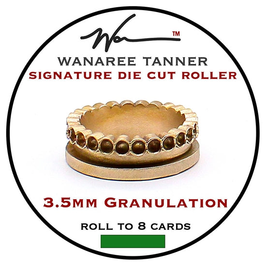 Wanaree Tanner Die Cut Roller Head - 3.5mm Granulation Strip This Heirloom quality Die Cut Tool head is fashioned in sturdy, luminous bronze. Made to work with the Die Cut Roller handle. It is calibrated to both sculpt and cut unique dimensional ornamental elements in one fluid application.