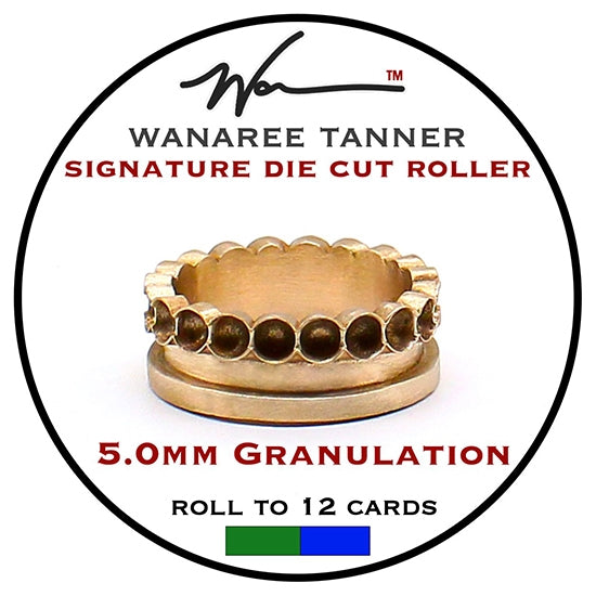 Wanaree Tanner Die Cut Roller Head - 5.0mm Granulation Strip This Heirloom quality Die Cut Tool head is fashioned in sturdy, luminous bronze. Made to work with the Die Cut Roller handle. It is calibrated to both sculpt and cut unique dimensional ornamental elements in one fluid application.