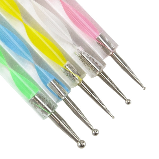 Double-Ended Steel Ball Tip Sculpting Tools  Use these Ball Tip Sculpting Tools to sculpt your clay into the masterpiece that you envision. These tools are double ended with a variety of sizes, and feature colored ribbon handle easy to find on your bench. Use as a ball burnisher too! Set of 5 tools.